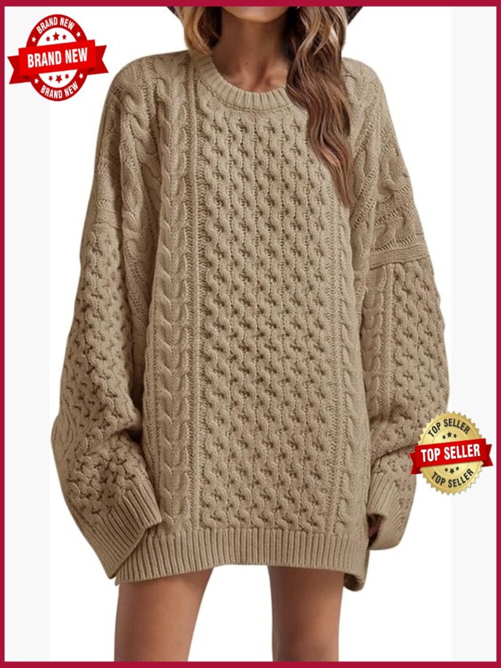 Oversized Chunky Cable Knit Crewneck Sweater Loose Tunic Top